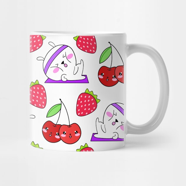 Cute sweet adorable Kawaii fitness bunnies exercising on a yoga mat, red ripe summer strawberries and cherries white pattern design by IvyArtistic